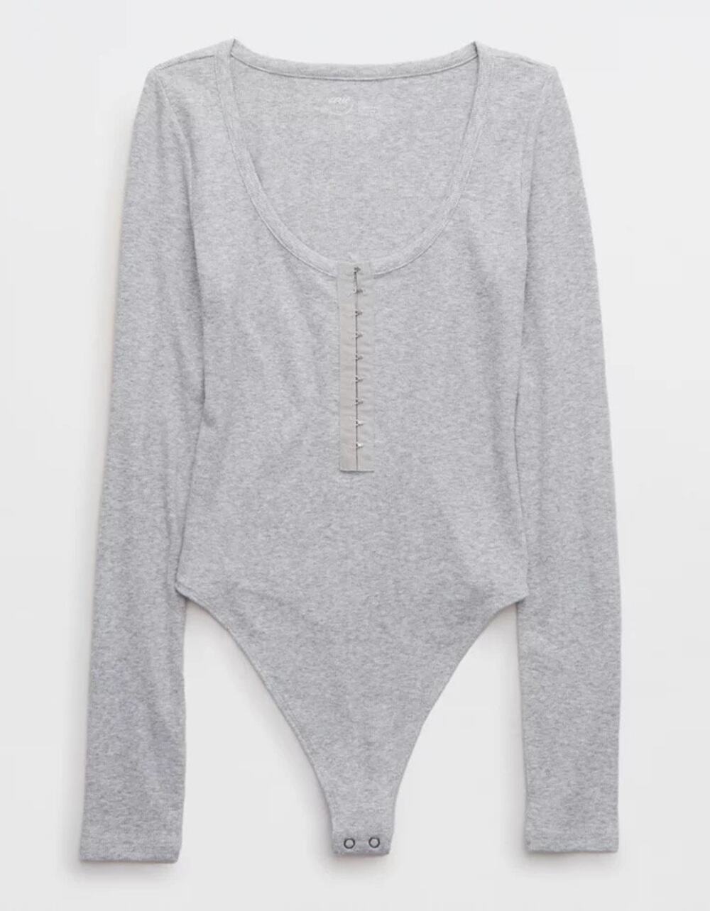 Aerie | Gray Long Sleeve Hook & Eye Preppy Bodysuit Casual Loungewear Going Out